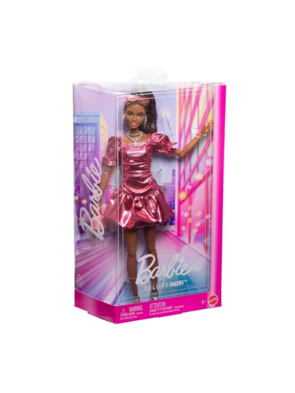 Barbie Deluxe Style Doll #6 in Metallic Pink Dress with Bubble Hem, Black